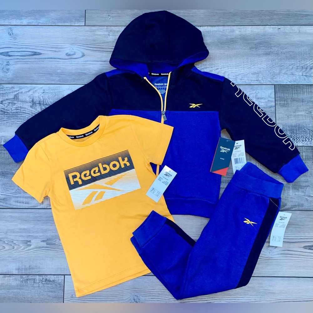 NWT Reebok Boys 3pcPullover Hoodie Sweatshirt Short Sleeve Jogger Sweatpants 4